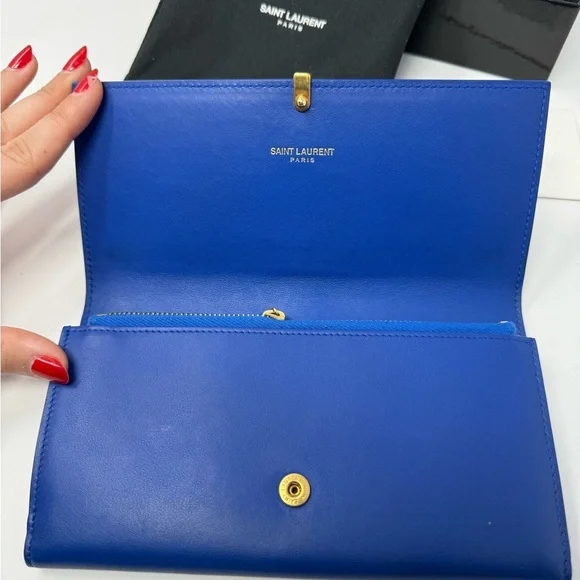 Saint Laurent Y-Chyc Authentic Royal Blue Leather Zip Wallet – Gold “Y” Hardware - Picture 3 of 9